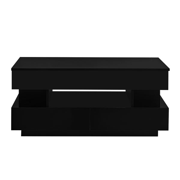 English Elm U-Can Lift-Top Coffee Table with LED Ambient Lighting, Dual Drawers and Adjustable Scalable Design Black N724P290058B
