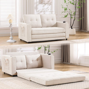 English Elm {VIDEO Modern 3-in-1 Upholstered Futon Sofa Convertible Bed with Tufted Foldable Loveseat, Beige, Storage Cups W2325P195865