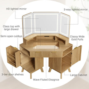 English Elm 47.2" Corner Lighted Makeup Vanity with Fluted Panel Tri-fold Mirror and Charging Station Oak N704P392485N