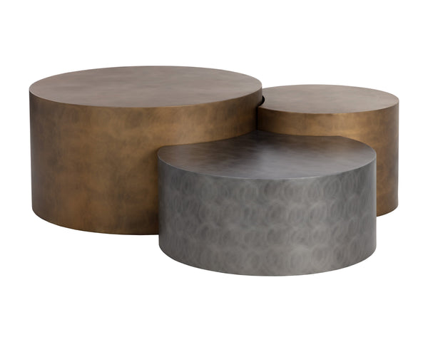 Sunpan Neo Coffee Tables Set of 3 – Staggered Heights, Unique Handcrafted Designs in Antique Brass & Nickel
