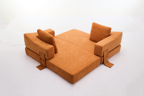 English Elm Modern Minimalist Sofa Fold-Out Convertible Floor Couch Bed with Removable Backrest Chenille Orange, Modular Comfort and Side Pockets W1829P186302