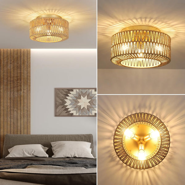 English Elm Boho 3-Light Rattan Ceiling Light Fixture - Modern Flush Mount Chandelier For Home & Nursery Décor W2738P185415