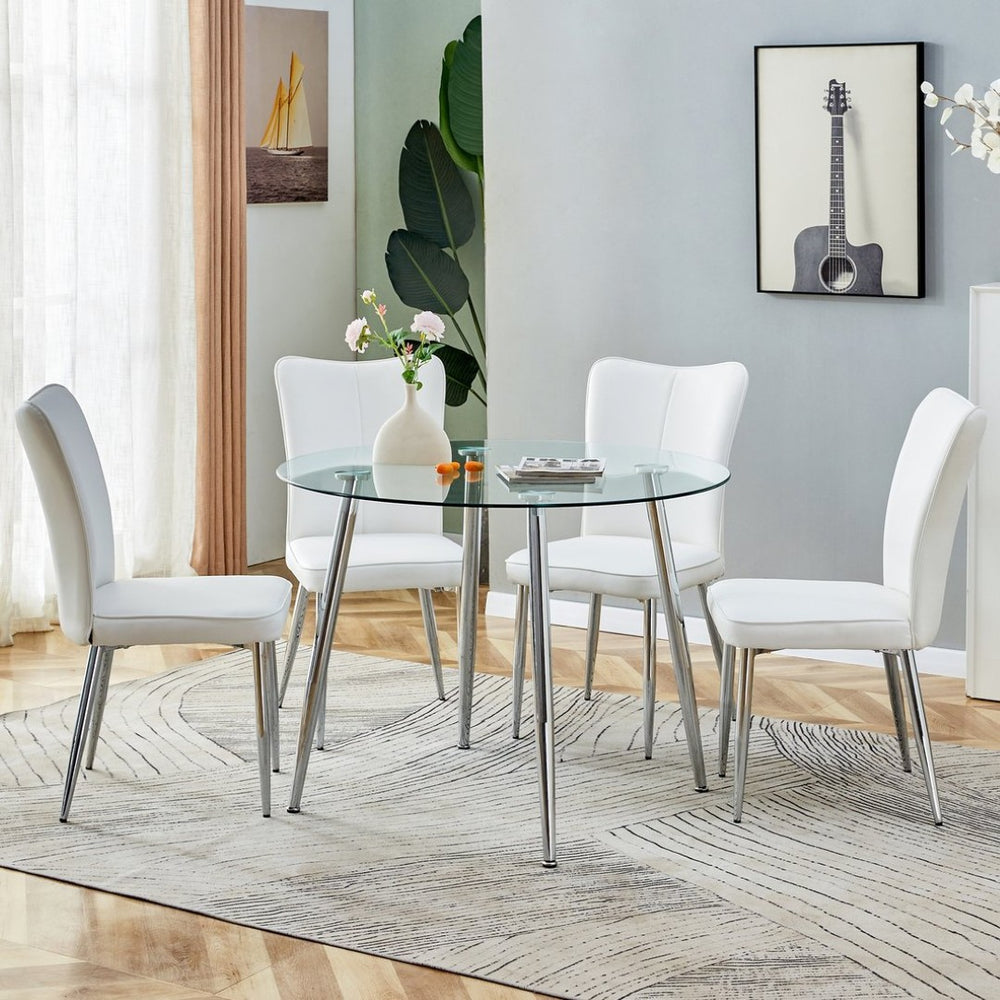 English Elm Table And Chair Set - Modern 38.6" Round Glass Dining Table With 4 Stylish White Pu Chairs, Silver Legs W1151S03822-GIGA
