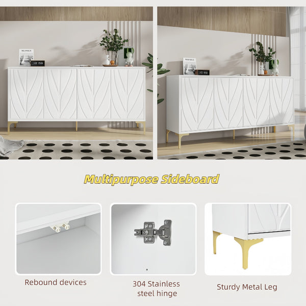 English Elm Creative Carved 4-Door Sideboard with Push-to-Open Design, MDF & Solid Wood Buffet Cabinet White W2696P279975