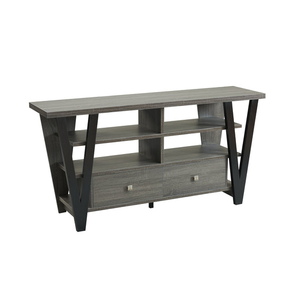 English Elm Tall TV Stand Two-Tone Grey & Black with Two Drawers, Divided Shelves, Metal Bar Handles, Stable Top B107P302101