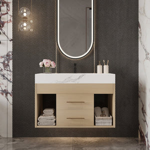 English Elm 29.9" Floating Bathroom Vanity Sintered Stone Top Soft Close Drawers Bronze Gold Hardware White,Wood W3136S00039