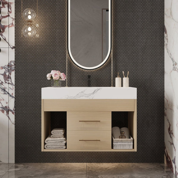 English Elm 29.9" Floating Bathroom Vanity Sintered Stone Top Soft Close Drawers Bronze Gold Hardware White,Wood W3136S00039