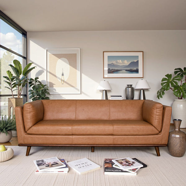 English Elm Phoenix Top Grain Leather Sofa Warm Cognac Three Seat Living Room Comfort B183P493696