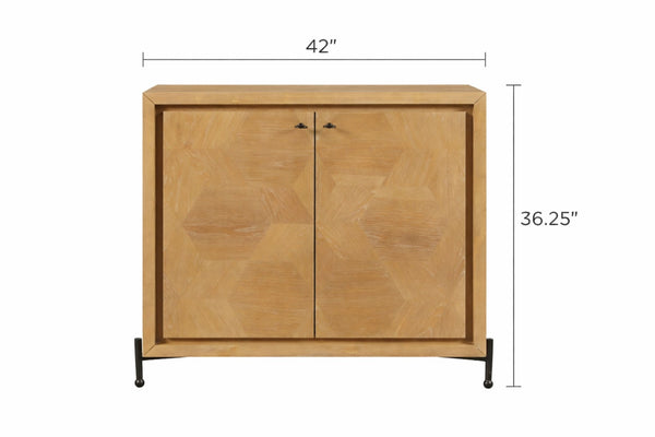 English Elm Hickory Veneer Two Door Storage Chest with Metal Legs and Geometric Wood Grain Pattern B2699P447495