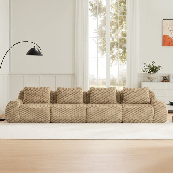 English Elm 146" Modular Flannelette Sectional Sofa Deep Seat Four Piece Living Room Couch Light Camel W714S01514