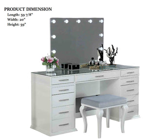 English Elm Glam Elegant Vanity Set with LED Mirror, Plush Stool, Ample Storage, Felt-Lined Drawers, Chic Finish White 41 L x 33 W x 8 H B2741S00679