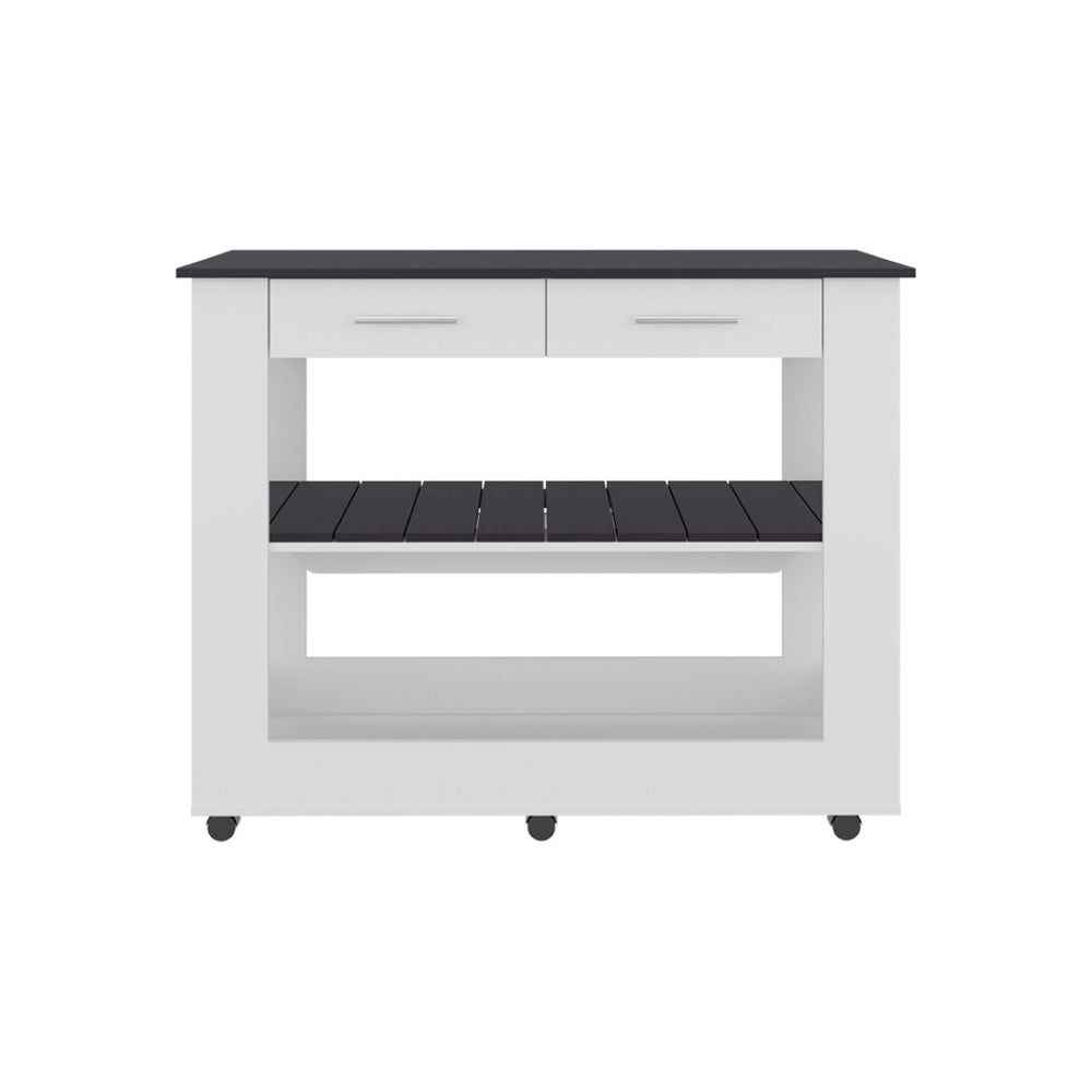 English Elm Hardy Rolling Kitchen Island with Two Drawers Open Shelves and Melamine Work Surface B097P474257