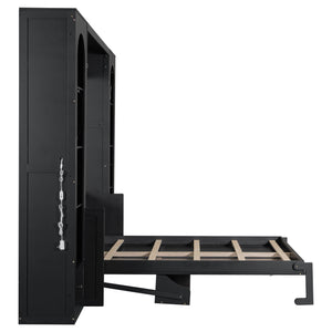 English Elm Queen Murphy Platform Bed with Foldaway Cabinet, Built-In LED, Side Cabinets & Drawers for Small Spaces Black N7090002226B