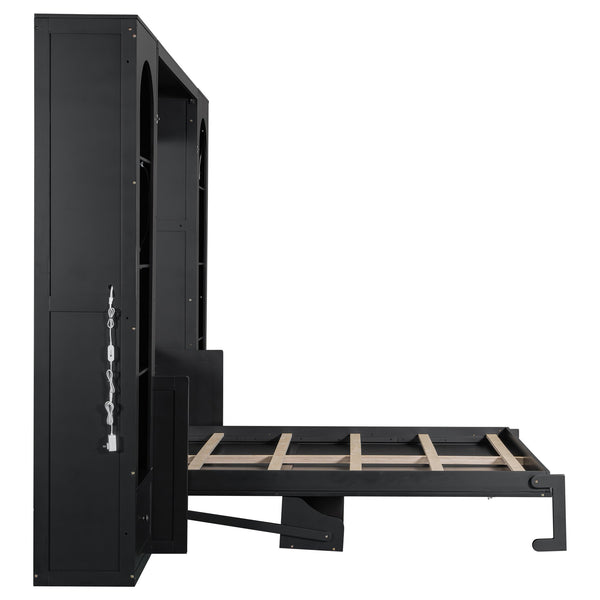 English Elm Queen Murphy Platform Bed with Foldaway Cabinet, Built-In LED, Side Cabinets & Drawers for Small Spaces Black N7090002226B