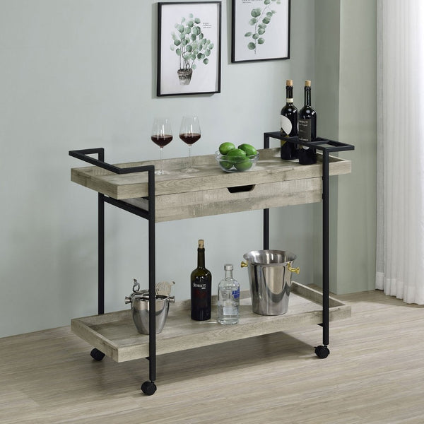 English Elm Begonia Farmhouse Bar Cart with Driftwood Finish Bottle Storage and Rolling Casters B062P451838