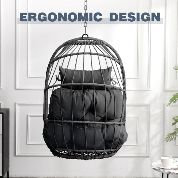 English Elm Outdoor Egg-shaped Hanging Chair with Stand - Cozy Cushioned Swing, Sturdy 350 lb Frame, Indoor/Patio Use Gray+Gray W2500P309523
