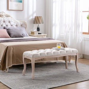 English Elm Bedroom Bench Tufted Linen Seat with Carved Distressed Wood Legs French Country Style Beige W3244P493647