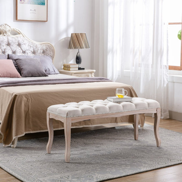 English Elm Bedroom Bench Tufted Linen Seat with Carved Distressed Wood Legs French Country Style Beige W3244P493647