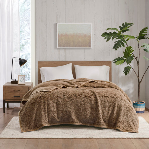 JLA Home Woolrich - Berber Plush Woolrich Burlington Blanket with OEKO-TEX Soft Berber Texture and Velvet Binding for Cozy, Safe Comfort Brown WR51-3907