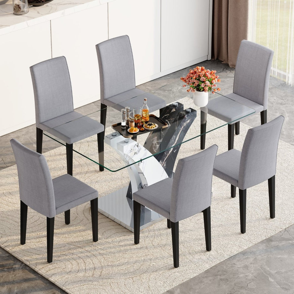 English Elm Table And Chair Set - Modern Glass Dining Table With 6 Light Gray Linen-Cotton Chairs For Comfort W1151S03807-GIGA