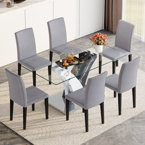 English Elm Table And Chair Set - Modern Glass Dining Table With 6 Light Gray Linen-Cotton Chairs For Comfort W1151S03807-GIGA