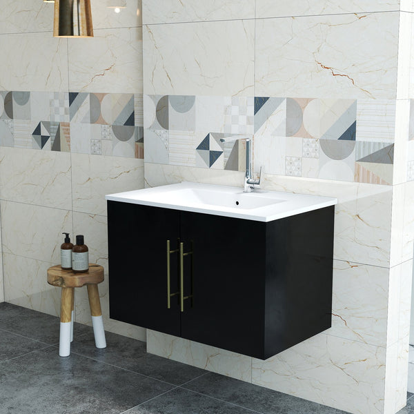 English Elm 30-Inch Black Gloss Wall-Mounted Bathroom Vanity With Soft-Close Doors & Gold Handle For Modern Style W3151S00051