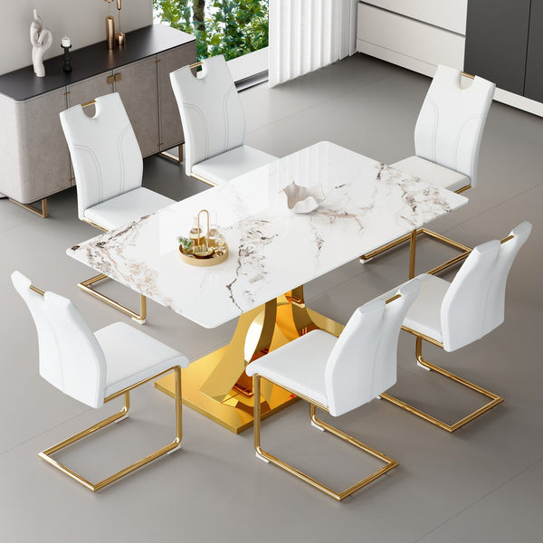 English Elm Marble-Veined Tempered Glass Dining Set: Transformable 63" Table & 6 Gold-Accented Armchairs, Modern Elegance W2920S00086