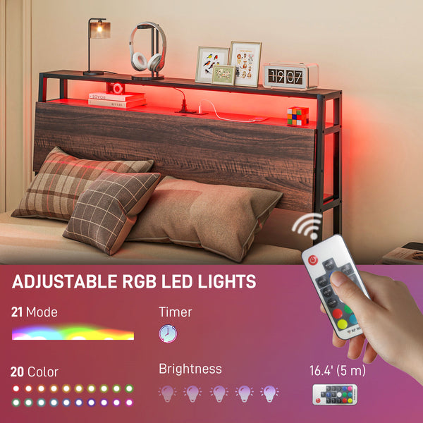 English Elm HOMCOM Full Size Bed Frame with LED RGB Headboard, Built-In Charging Station and 3-Tier Shelf Walnut W2225P249911