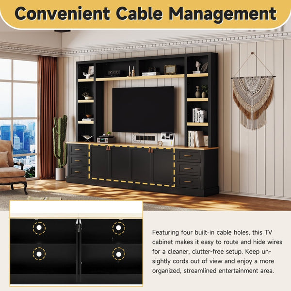 English Elm 102.3"w Farmhouse Wall Unit Four Piece Entertainment Center with Storage for Living Room N721S000051B-2