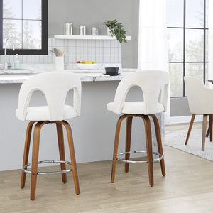 English Elm Fixed-height Swivel Counterstools with Walnut Legs Chrome Footrest and White Upholstery B202S01788