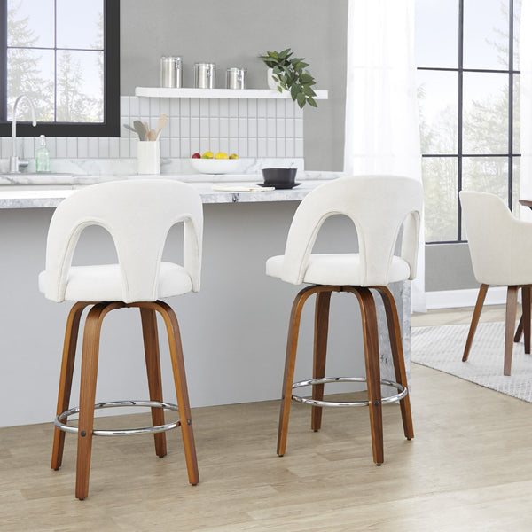 English Elm Fixed-height Swivel Counterstools with Walnut Legs Chrome Footrest and White Upholstery B202S01788