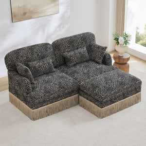 English Elm Comfy Chenille Leopard Print Loveseat with Tassel Trim Movable Ottoman Living Room Khaki W5656S00020