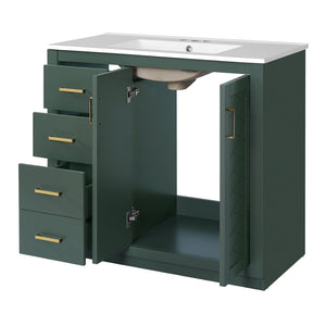 English Elm 36'' Bathroom Vanity with Ceramic Sink Combo, Solid Wood Frame, Soft-Close Drawers and Stylish Retro Groove Design Green N710P291684F