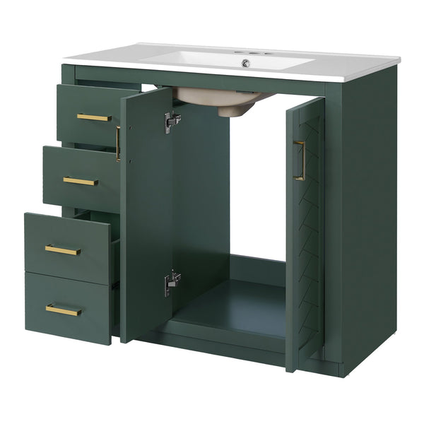 English Elm 36'' Bathroom Vanity with Ceramic Sink Combo, Solid Wood Frame, Soft-Close Drawers and Stylish Retro Groove Design Green N710P291684F