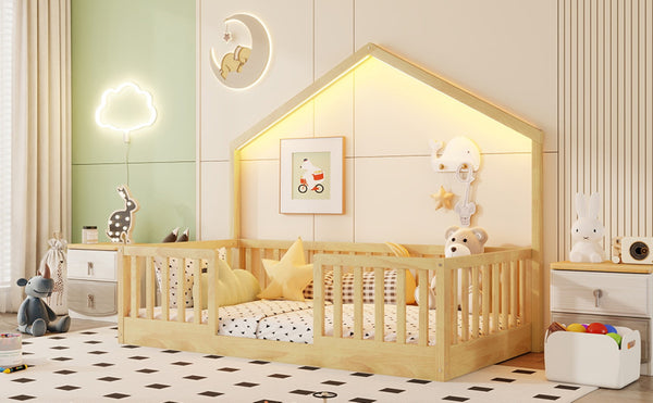 English Elm Twin Montessori Floor Bed House Frame with Led Lighting and Safety Rails for Kids W2593P440601