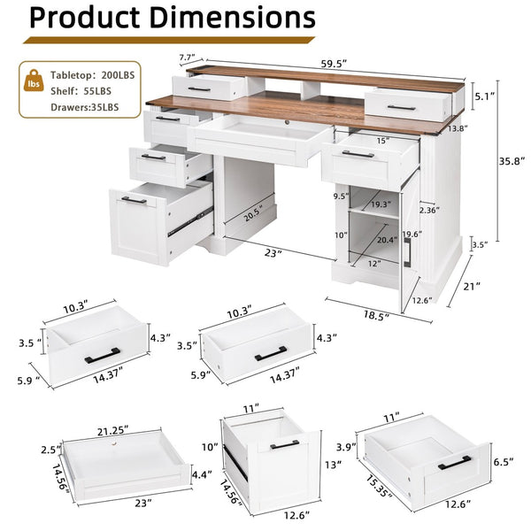 English Elm 59" Fluted Oak L-shaped Corner Desk with Charging Station Monitor Stand and File Storage White W2917S00006