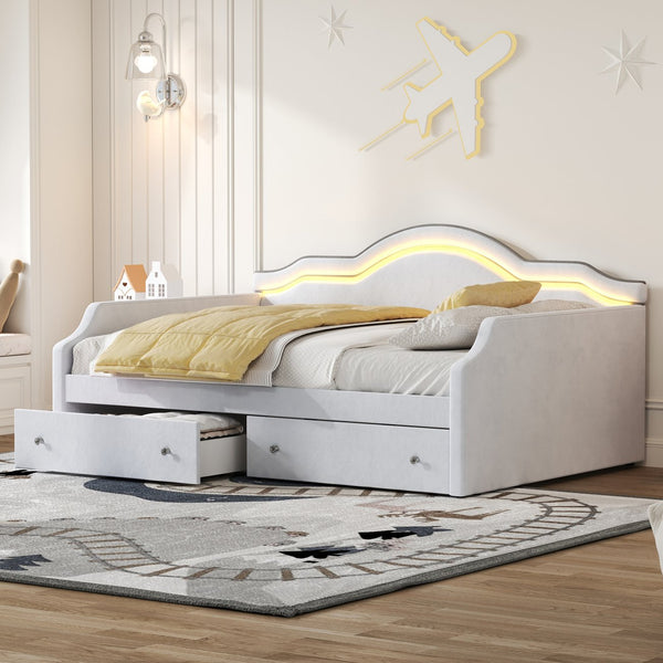 English Elm Full Size Upholstered Daybed With Led Accent, 2 Storage Drawers, Velvet Finish In Elegant Beige N7500001852A
