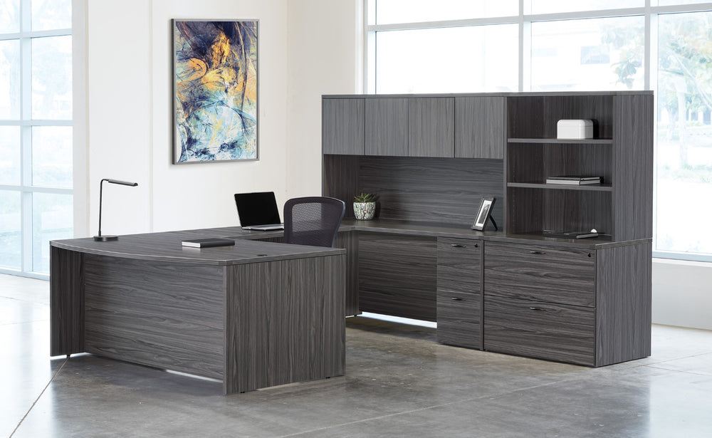 OSP Home Furnishings Napa U Shape Executive Desk with Hutch Overhead Storage and Locking File Drawers 107" NAPSGW-TYP13