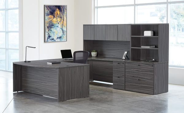 OSP Home Furnishings Napa U Shape Executive Desk with Hutch Overhead Storage and Locking File Drawers 107" NAPSGW-TYP13