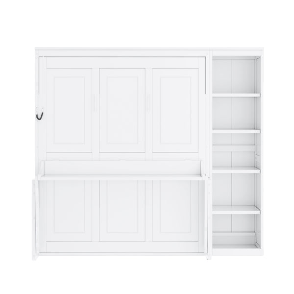 English Elm Full Murphy Bed with Storage Cabinets and Shelves, Space-Saving Wooden Wall Bed with 600lb Capacity White N7090004015K