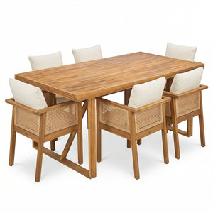 English Elm 7 Piece Acacia Wood Outdoor Dining Set Wicker Back Armchairs Teak Finish Patio N762P371718D_N762P403831T6