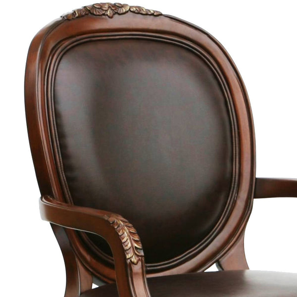English Elm Benard Traditional Oval Back Leather Chair in Brown Faux Leather with Hand Carved Floral Details B050P229949