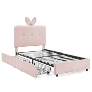 English Elm Twin Kids Boucle Upholstered Bed Rabbit Ear Headboard Led Lighting Four Storage Drawers Pink W1413P384920