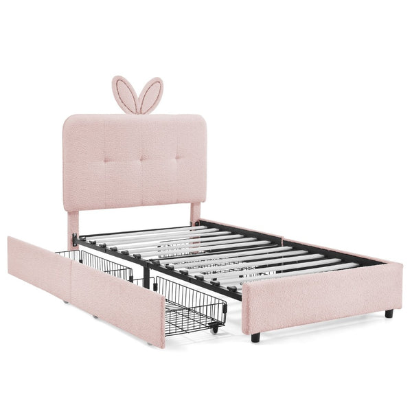 English Elm Twin Kids Boucle Upholstered Bed Rabbit Ear Headboard Led Lighting Four Storage Drawers Pink W1413P384920