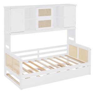 English Elm Twin Size Wooden Daybed With Trundle, Integrated Storage Cabinet & Modern White Finish For Space-Saving N820S00048K-GIGA