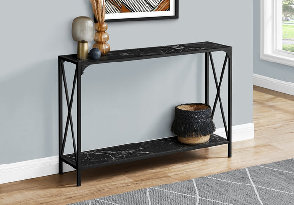 English Elm Accent 48" Narrow Console Table with Black Marble Look Top, Slim Metal Frame, Entryway Hallway Style B2710P218950