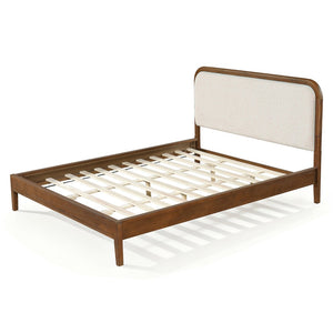 English Elm Queen Solid Acacia Platform Bed Curved Beige Upholstered Headboard Brown Oak Finish N758Q517071N