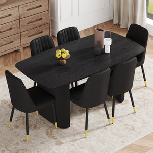 English Elm Table 7-Piece Set: Modern Black Wood-Grain Dining Table & 6 Ergonomic Pu Chairs For Luxe Comfort W1151S04166-GIGA