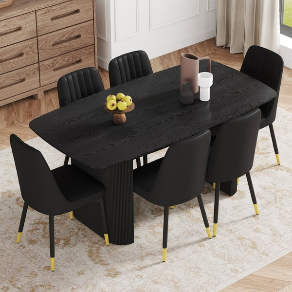 English Elm Table 7-Piece Set: Modern Black Wood-Grain Dining Table & 6 Ergonomic Pu Chairs For Luxe Comfort W1151S04166-GIGA