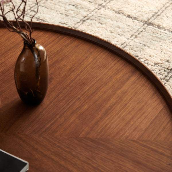 English Elm 35.4-inch Round Walnut Mosaic Coffee Table with Sculptural Iron Base for Living Rooms W5098P416512